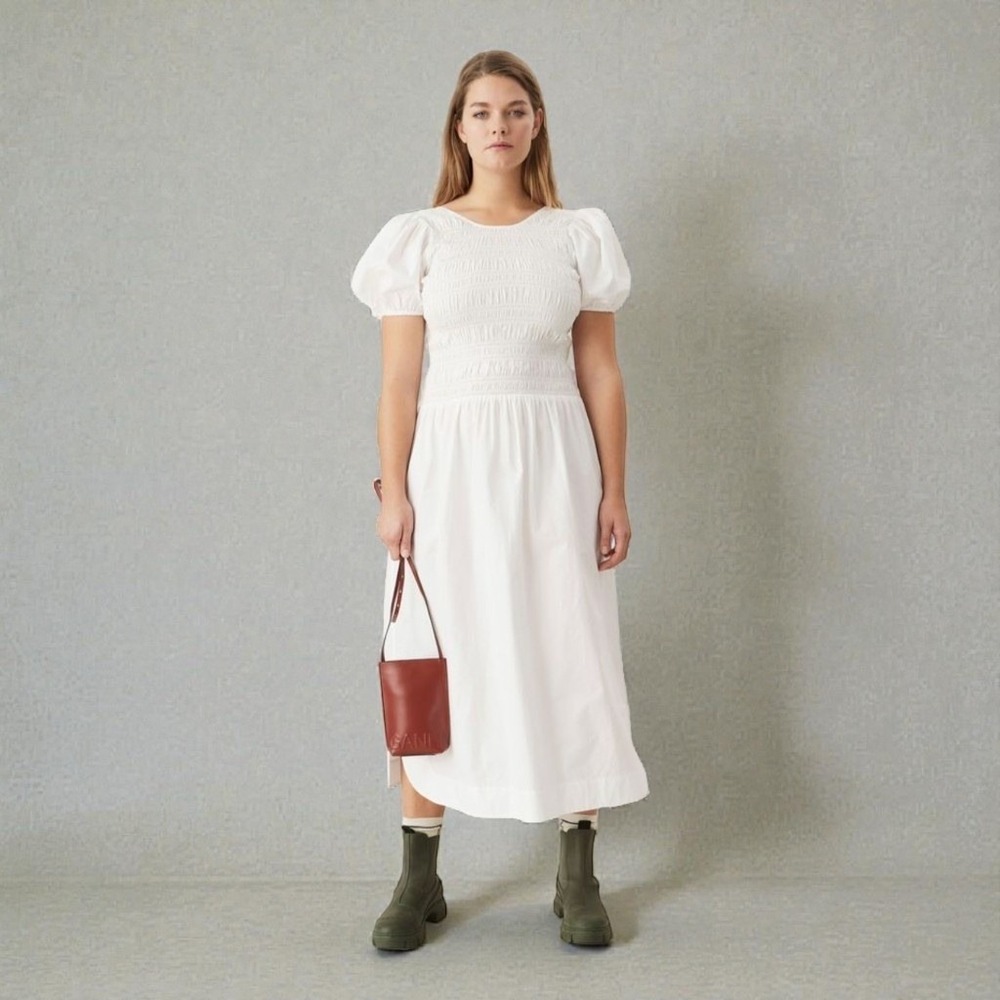 Ganni White Puff Sleeve Smocked Poplin Midi Dress US Sz 8 EU 40